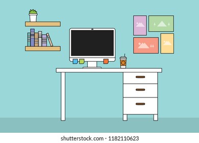 workspace computer with table desk and minimalist smooth color 