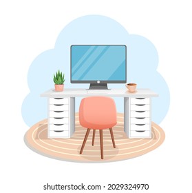 Workspace with computer, table, plant, chair, carpet and cup on isolated white background for home office, cabinet, remote work, freelance, teaching. Vector illustration in flat cartoon style.