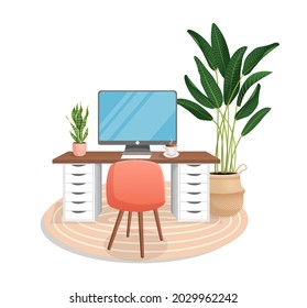 Workspace with computer, table, plant, chair, carpet and cup on isolated white background for home office, cabinet, remote work, freelance, teaching. Vector illustration in flat cartoon style.