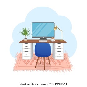 Workspace with computer, table, plant, chair, carpet, lamp and cup on isolated white background for home office, cabinet, remote work, freelance, teaching. Vector illustration in flat cartoon style.
