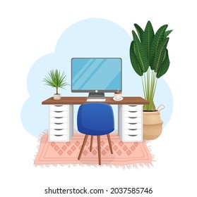 Espacio de trabajo con ordenador, mesa, planta, silla, alfombra y taza sobre fondo blanco aislado para oficina en casa, gabinete, trabajo a distancia, freelance, enseñanza. Ilustración vectorial al estilo de las caricaturas planas.
