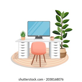 Workspace with computer, table, plant, chair, carpet and cup on isolated white background for home office, cabinet, remote work, freelance, teaching. Vector illustration in flat cartoon style.