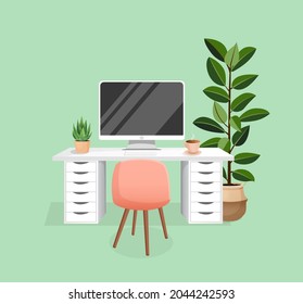 Workspace with computer, table, plant, chair and cup on isolated green background for home office, cabinet, remote work, freelance, teaching. Vector illustration in flat cartoon style.