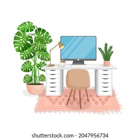 Workspace with computer, table, plant, chair, carpet, lamp and cup on isolated white background for home office, cabinet, remote work, freelance, teaching. Vector illustration in flat cartoon style.
