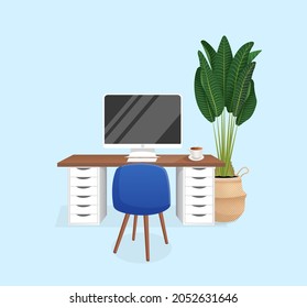Workspace with computer, table, plant, chair and cup on isolated blue background for home office, cabinet, remote work, freelance, teaching. Vector illustration in flat cartoon style.