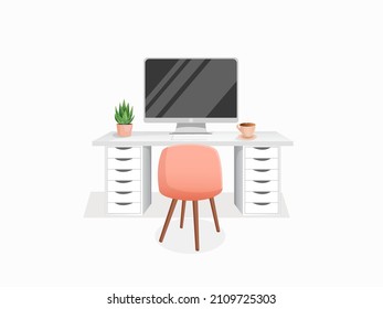 Workspace with a computer, table, plant, chair and cup on isolated white background for home office, cabinet, remote work, freelancing, teaching. Vector illustration in flat cartoon style.