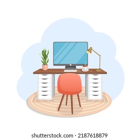 Workspace with computer, table, plant, chair, carpet, lamp and cup on isolated white background for home office, cabinet, remote work, freelance, teaching. Vector illustration in flat cartoon style.