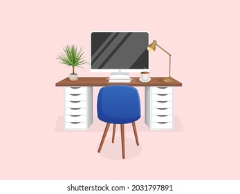 Workspace with a computer, table, plant, lamp and cup on an isolated pink background for home office, cabinet, remote work, freelancing, teaching. Vector illustration in flat cartoon style.