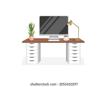 Workspace with a computer, table, plant, lamp and cup on an isolated white background for home office, cabinet, remote work, freelancing, teaching. Vector illustration in flat cartoon style