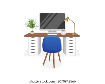 Workspace with a computer, table, plant, lamp and cup on an isolated white background for home office, cabinet, remote work, freelancing, teaching. Vector illustration in flat cartoon style