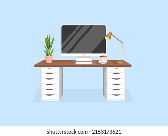 Workspace with a computer, table, plant, lamp and cup on an isolated blue background for home office, cabinet, remote work, freelancing, teaching. Vector illustration in flat cartoon style.