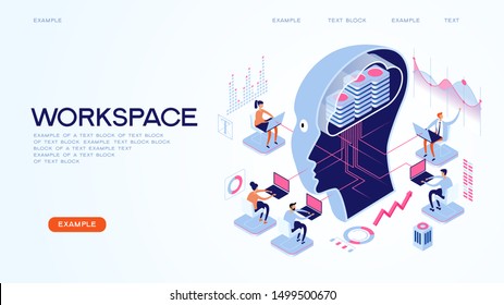 Workspace concept. Deep learning. Big data AND artificial intelligence. People interact with artificial intelligence. 3d vector isometric illustration.