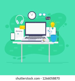 Workspace concept with devices. Workspace, analytics, optimization, management. Modern vector illustration concept, isolated on white background