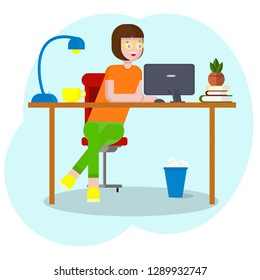 Workspace concept with devices .Girl student at workplace with a graphic tablet .Woman, businesswoman, graphic designer works sitting behind the desk using a computer and graphic pen..