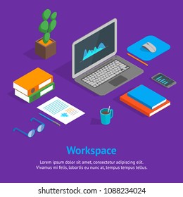 Workspace Concept and Elements 3d Isometric View with Notebook, Coffee Cup, Document and Plant Interior Office. Vector illustration of Working Space