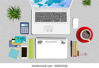 Workspace concept. Flat illustration. Business office. Trading
