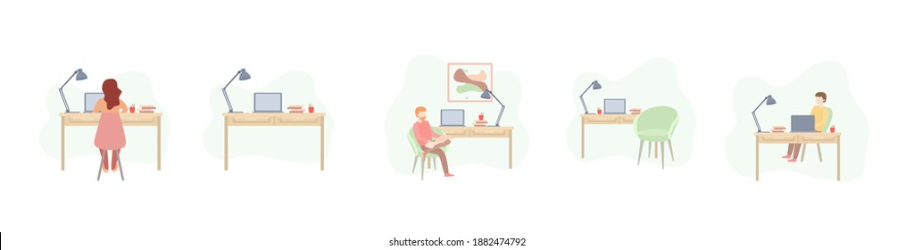 Workspace concept from home. Freelance woman and man working on a laptop from home in a comfortable environment. Vector illustration set isolated on white background.