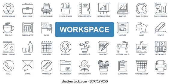 Workspace concept simple line icons set. Pack outline pictograms of businessman, briefcase, office, email, book, laptop, coffee, calculator and other. Vector symbols for website and mobile app design