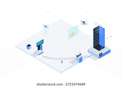 Un espacio de trabajo contiene dispositivos de alta tecnología, gráficos en pantallas y drones en un entorno brillante. El arreglo es adecuado para el análisis de datos y la colaboración en equipo.