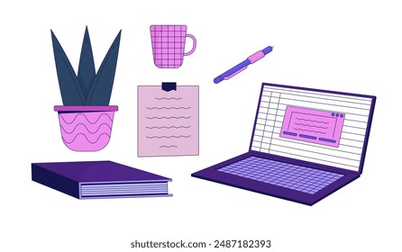 Workspace cozy decorations 2D cartoon objects set. Home office decor. Workstation accessories isolated flat vector elements white background. Place of work color spot illustration collection