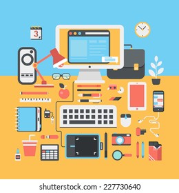 Workspace of creative designer flat modern style design portfolio illustration. Workplace creative business work flow equipment, objects, items, things and device icon set. Flat icons collection.