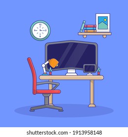 Workspace of Creative flat line vector and illustration. Monitor, tablet, flower, lamp, chairs, book, image and cloc'k.