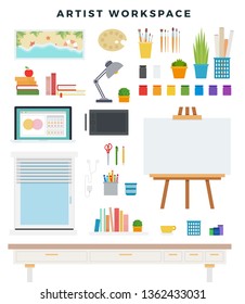 Workspace of creator, artist, designer, set of elements. Paints and stationery, laptop and graphics tablet. Everything for traditional and digital drawing. Vector illustration in flat style.