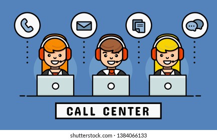 Workspace of customer support team for business, vector modern line. Infographic 
