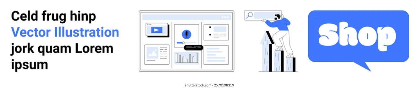 Workspace with data charts on screen, person analyzing, and large blue Shop sign. Ideal for e-commerce, analytics, marketing, web design, and technology. Banner for landing page