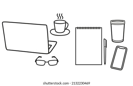Workspace decorative icons set laptop smartphone notepad pen coffee glasses vector symbols