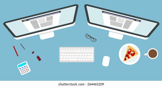 Workspace with design elements, two monitors. Vector