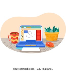 Espacio de trabajo diseñar equipo portátil en el vector de escritorio