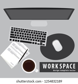 Workspace design template vector top view laptop, tablet, document, smartphone, mouse