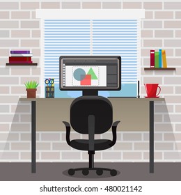 Workspace for designer composition with computer and desk near window bookshelves on grey brick wall vector illustration