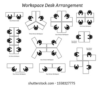 Workspace desk arrangement in office and company. Pictogram icons depict the top view of table arrangement and seatings for office employees, staffs, and workers. 