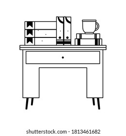 workspace desk with books binders and coffee cup isolated icon line style vector illustration