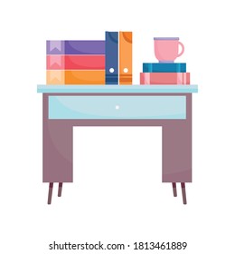 escritorio de trabajo con encuadernadores de libros y taza de café diseño aislado ilustración vectorial de fondo blanco