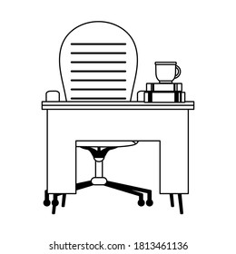 workspace desk chair coffee cup and books isolated icon line style vector illustration