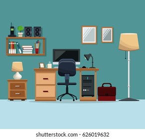 workspace desk chair computer floor lamp mirror stereo pencils