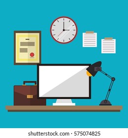 workspace desk clock computer suitcase lamp and diploma