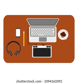workspace desk computer designer tablet headphones and coffee cup