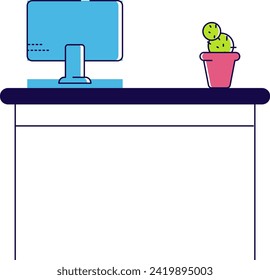 Workspace desk with computer monitor and potted cactus. Office setup, modern work desktop design vector illustration.