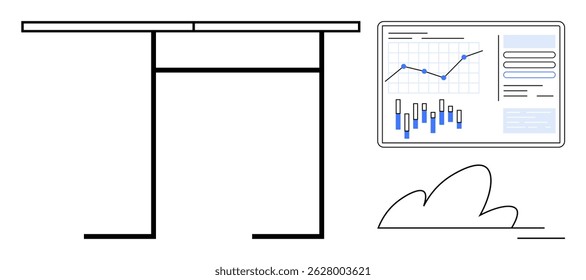 Workspace with a desk, computer screen showing analytics, and a plant motif. Ideal for business, productivity, analytics, finance, technology, corporate presentations, and modern office setups. Line