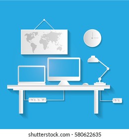 workspace desk computer vector paper style