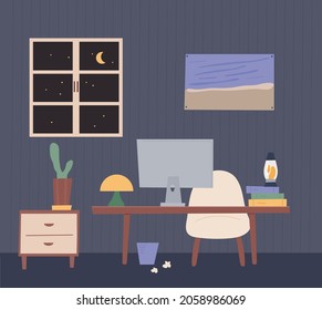 Workspace with desk in dark room. flat design style vector illustration.