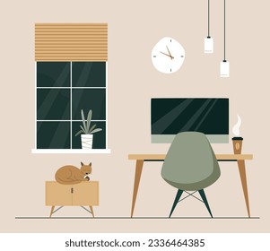 Workspace with desk, desktop computer, coffee. Work hard and too late concept. Sleeping cat and night outside the window. Modern minimalistic interior design. Japandi or Scandinavian interior style