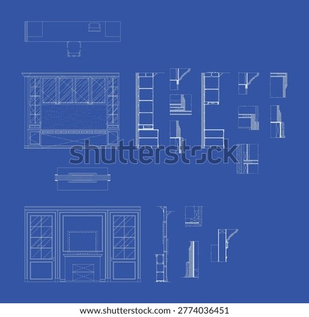 Workspace Desk and Display Cabinet with Drawers Blueprint Interior Design Elevation and Section Vector Drawing
