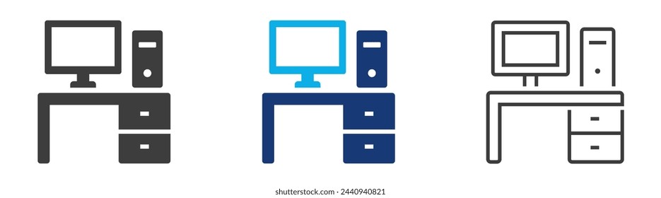 Workspace desk icon set. Workplace in an office, a computer on the desk. Simple outline and filled style icons.