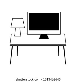 workspace desk lamp and computer isolated icon line style vector illustration