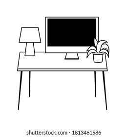 workspace desk lamp computer and plant isolated icon line style vector illustration